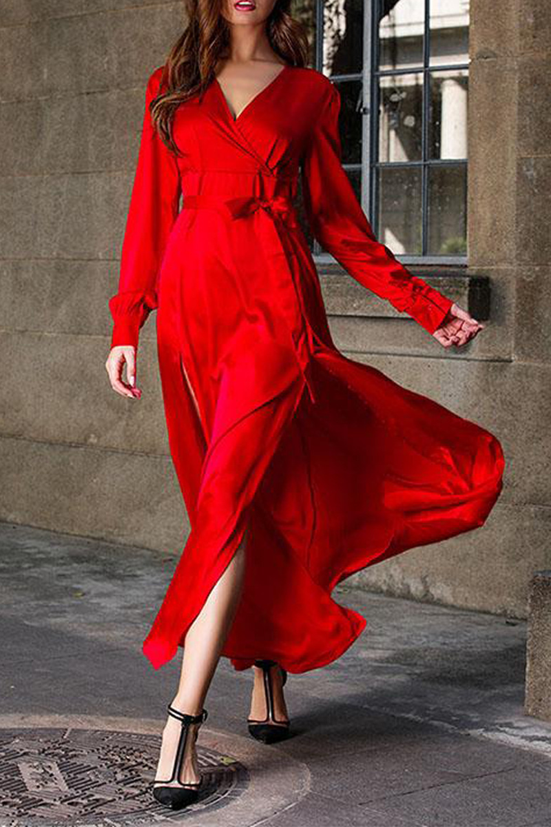 Casual Solid Slit V Neck Waist Skirt Dresses