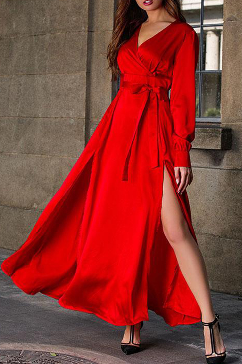 Casual Solid Slit V Neck Waist Skirt Dresses