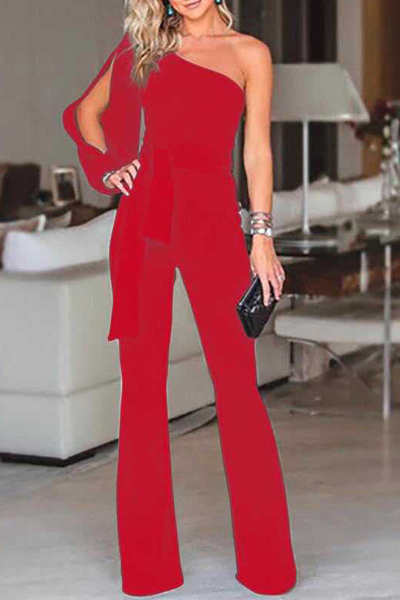 Casual Solid Patchwork One Shoulder Regular Jumpsuits