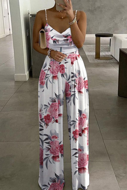 Sexy Print Patchwork Pearl Spaghetti Strap Straight Jumpsuits