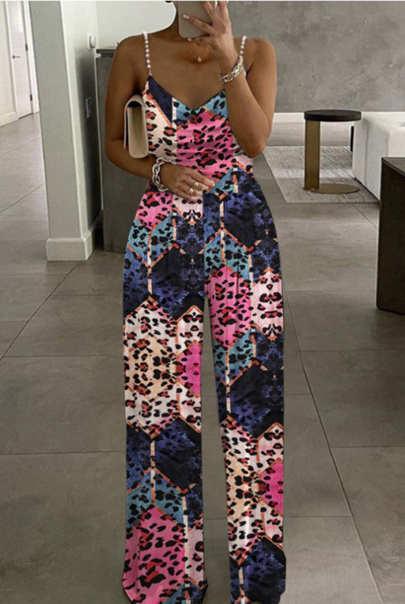 Sexy Print Patchwork Pearl Spaghetti Strap Straight Jumpsuits