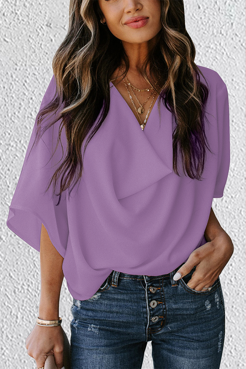 Casual Solid Flounce V Neck T-Shirts