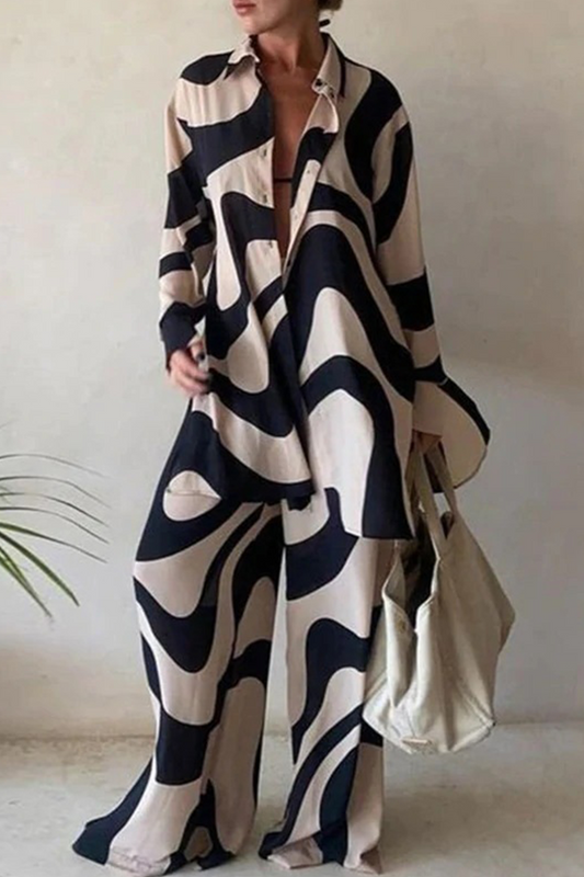 Casual Print Patchwork Turndown Collar Long Sleeve Two Pieces(5 Colors)