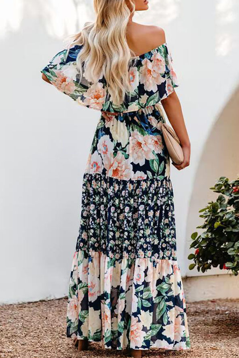 Fashion Print Flounce Off the Shoulder Cake Skirt Dresses