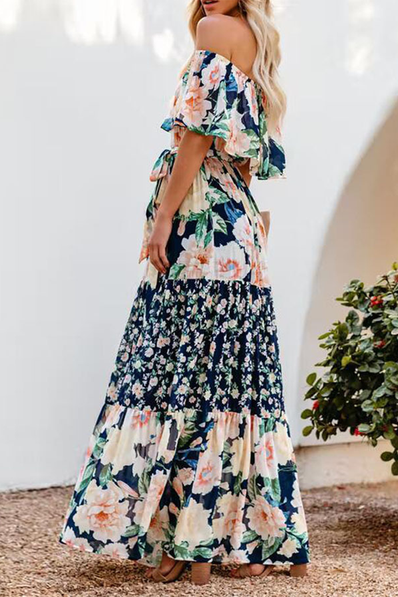 Fashion Print Flounce Off the Shoulder Cake Skirt Dresses