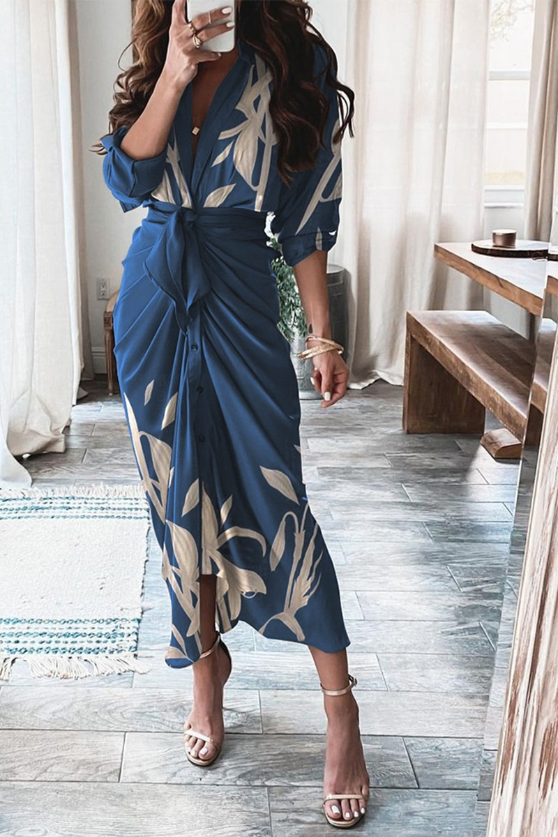 Casual Print Patchwork V Neck Irregular Dress Dresses