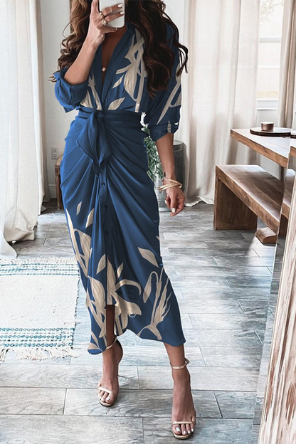 Casual Print Patchwork V Neck Irregular Dress Dresses