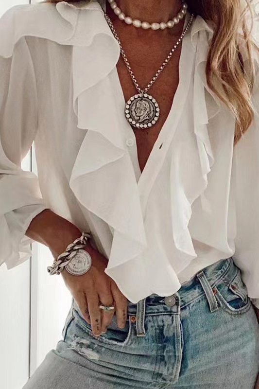 Casual Solid Flounce V Neck Blouses