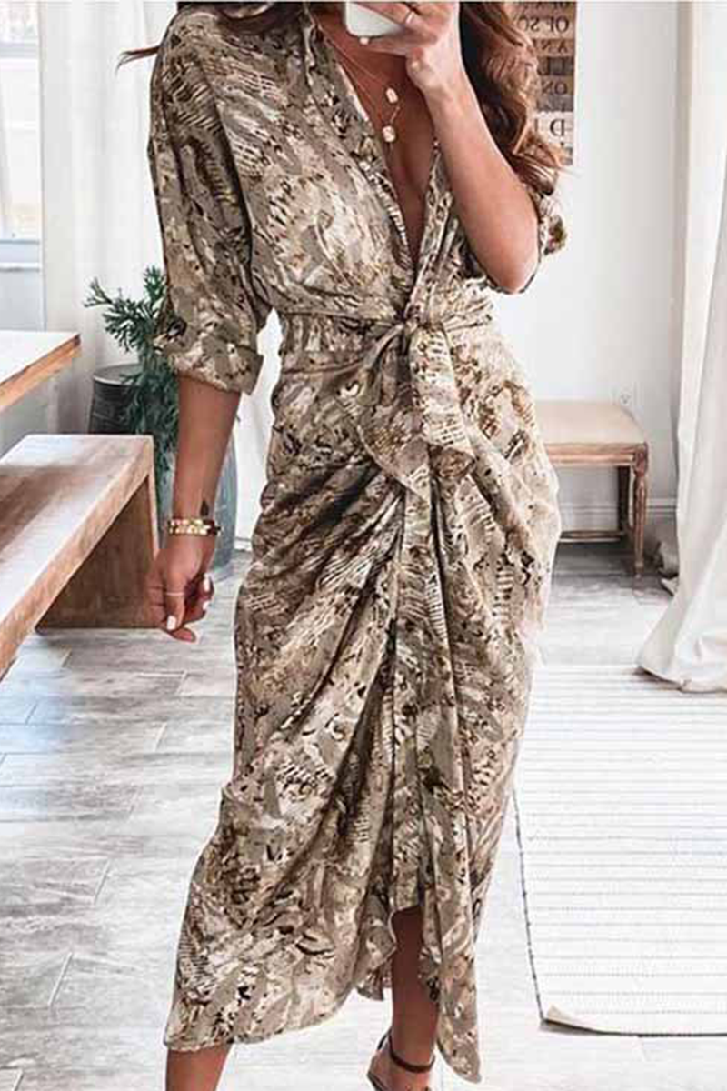 Casual Print Patchwork V Neck Irregular Dress Dresses