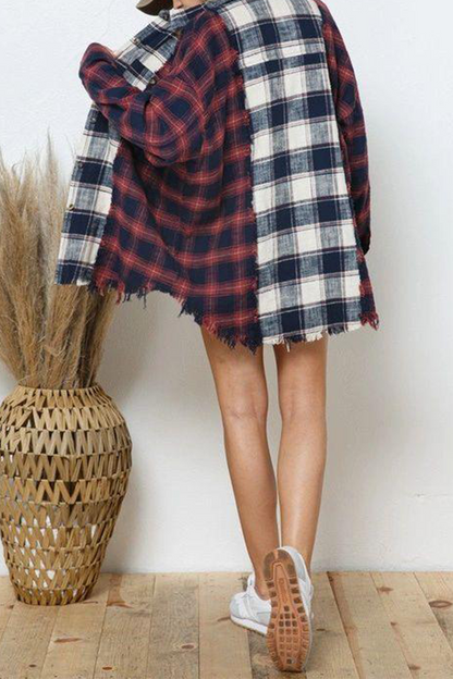 Casual Plaid Patchwork Turndown Collar Blouses