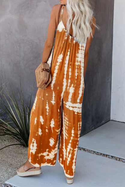 Casual Patchwork Tie-dye Spaghetti Strap Straight Jumpsuits(10 Colors)