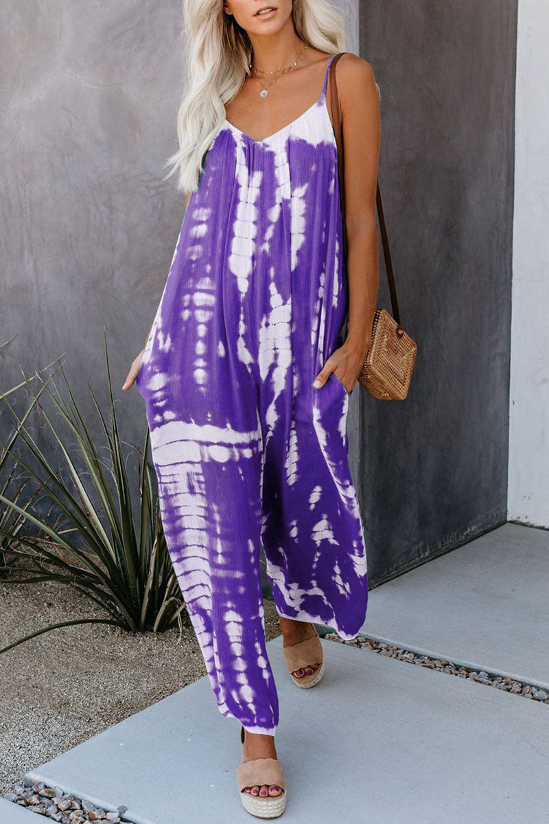 Casual Patchwork Tie-dye Spaghetti Strap Straight Jumpsuits(10 Colors)