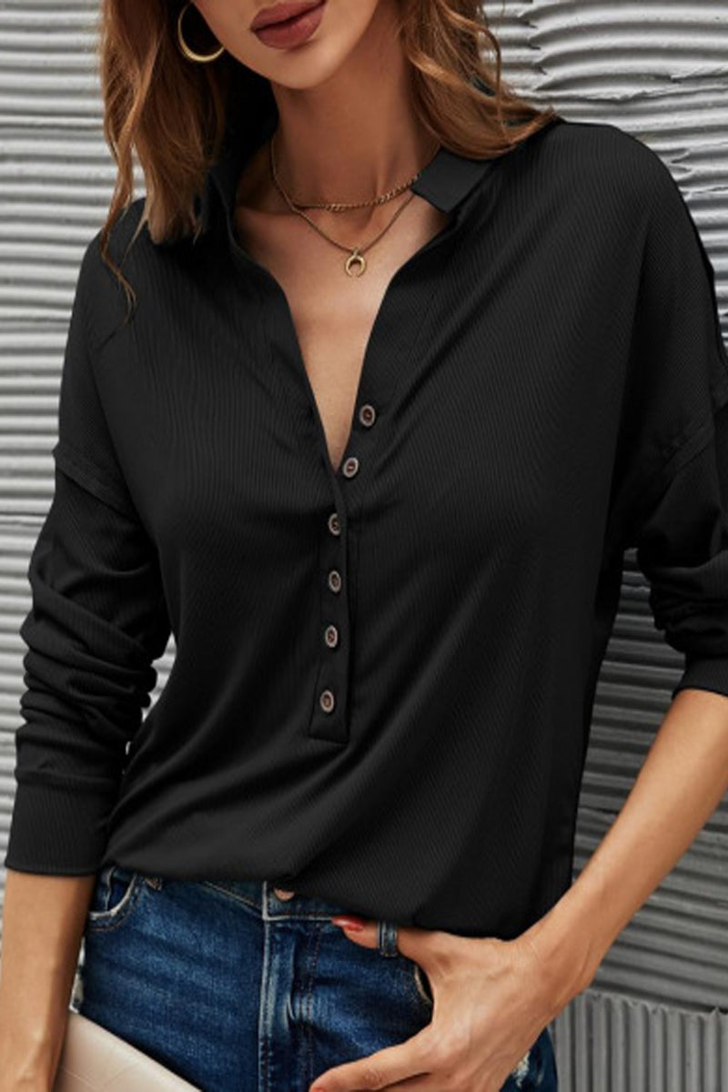 Casual Solid Buttons Solid Color Turndown Collar T-Shirts