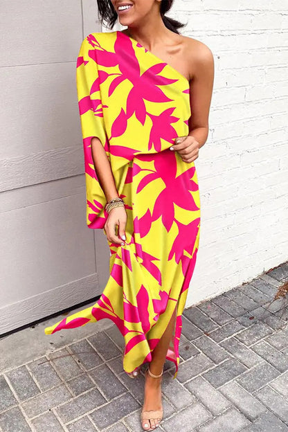 Plus Size Casual Vacation Print Patchwork Oblique Collar Irregular Dress Dresses