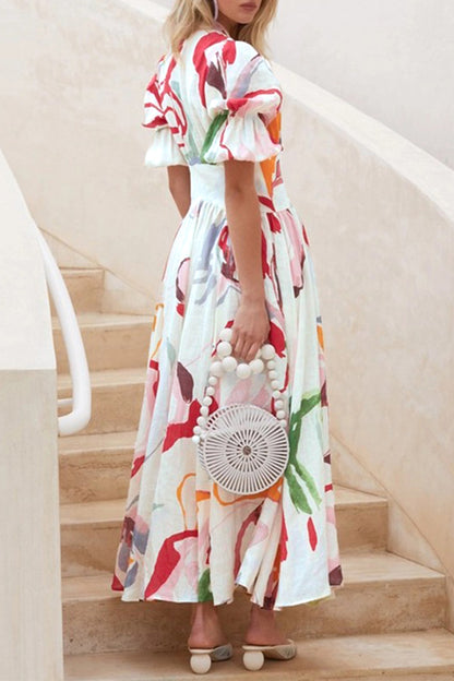 Elegant Vacation Not Positioning Printed Buttons V Neck Beach Dress Dresses