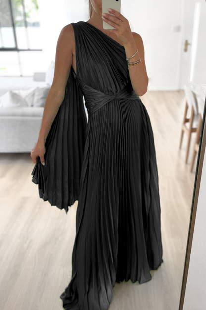 Sweet Elegant Solid Fold Oblique Collar A Line Dresses