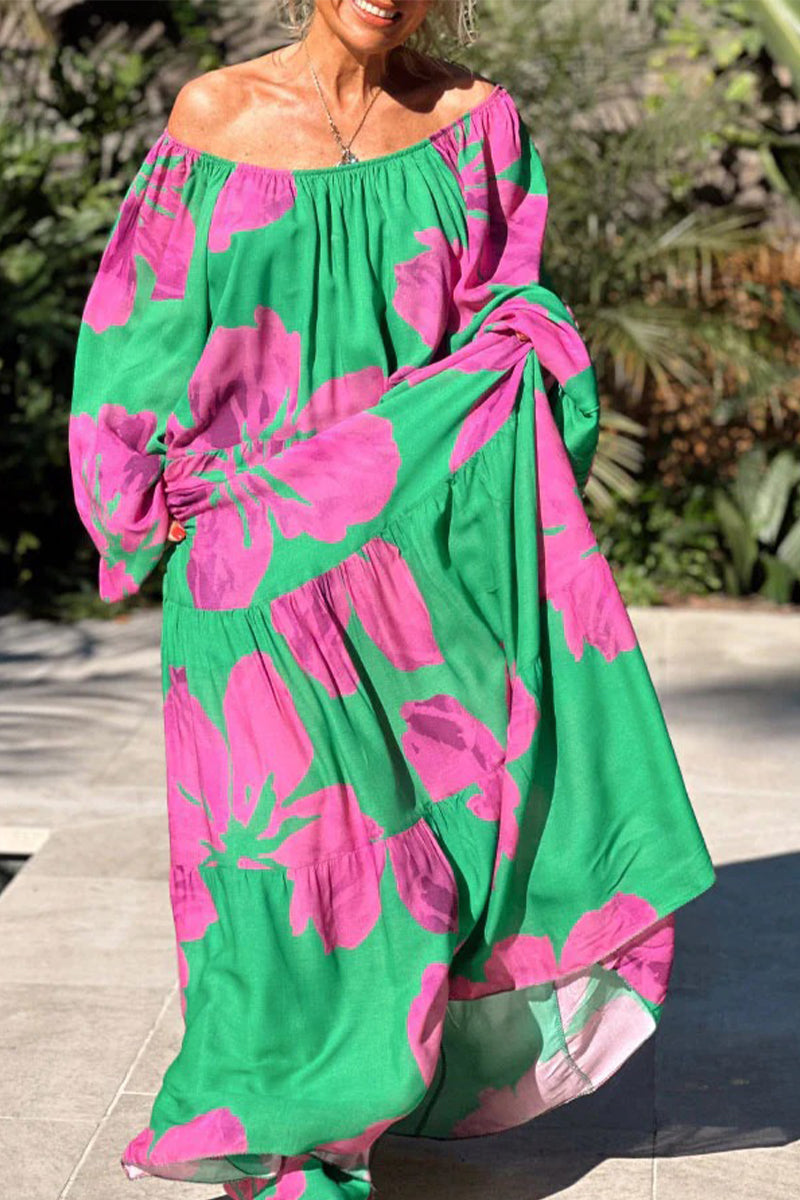 Casual Vacation Floral Patchwork Off the Shoulder Printed Dress Dresses