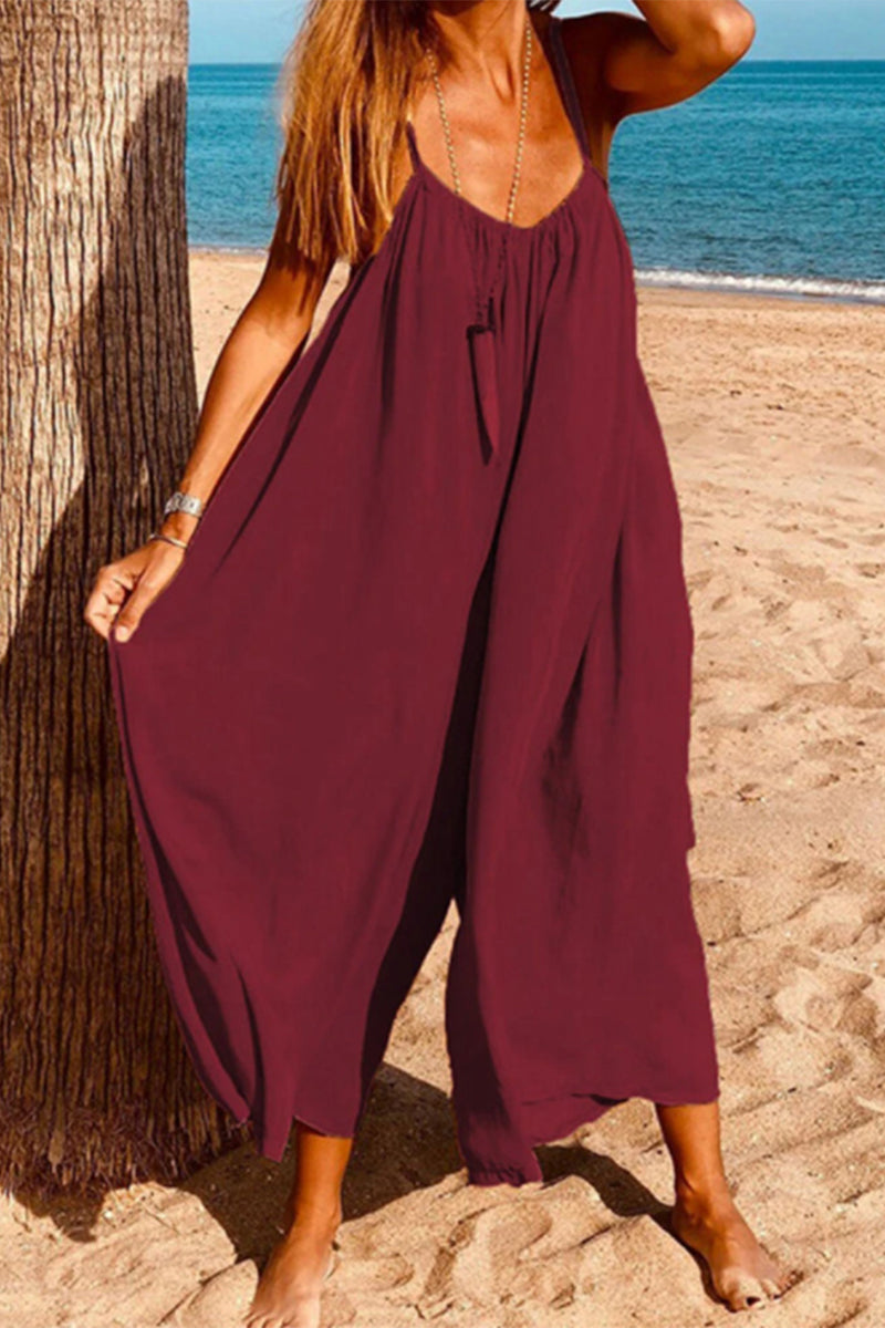 Casual Simplicity Solid V Neck Loose Jumpsuits(6 Colors)