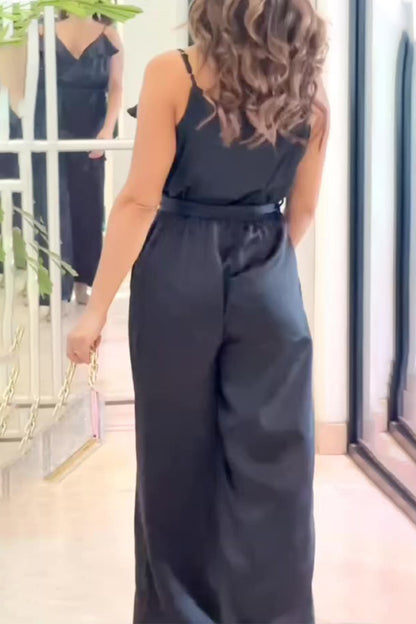 Casual Celebrities Solid Flounce V Neck Loose Jumpsuits