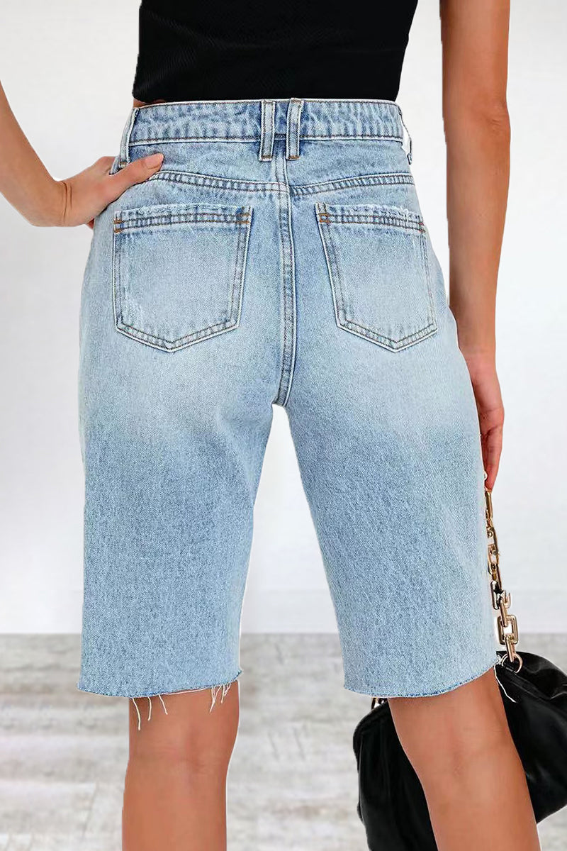 Casual Street Solid Ripped Patchwork Regular Denim Shorts