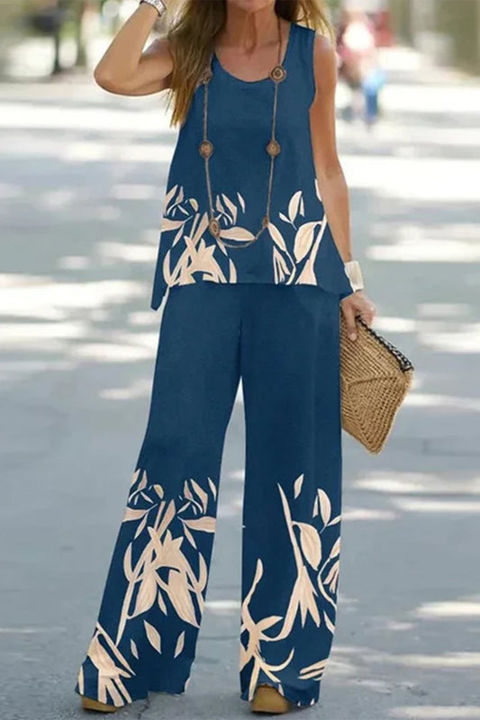 Casual Print Patchwork O Neck Sleeveless Two Pieces(9 Colors)