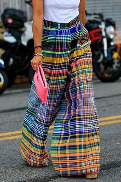 Casual Street Plaid Patchwork Contrast Loose High Waist Straight Patchwork Bottoms