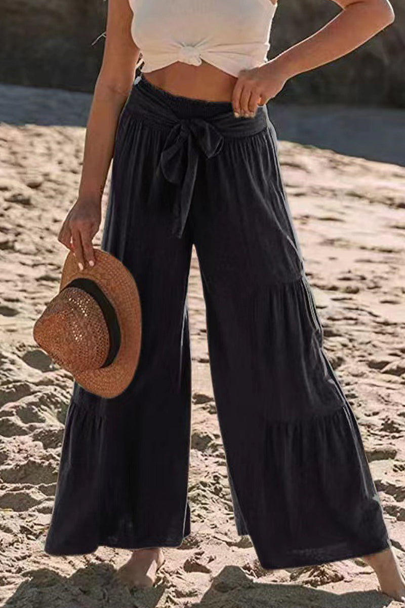 Casual Vacation Solid Bandage Fold Loose High Waist Wide Leg Solid Color Bottoms