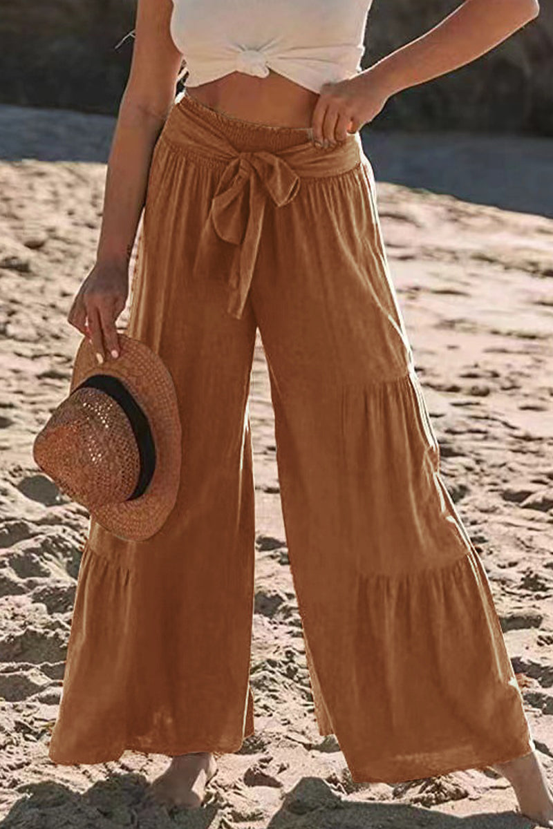 Casual Vacation Solid Bandage Fold Loose High Waist Wide Leg Solid Color Bottoms