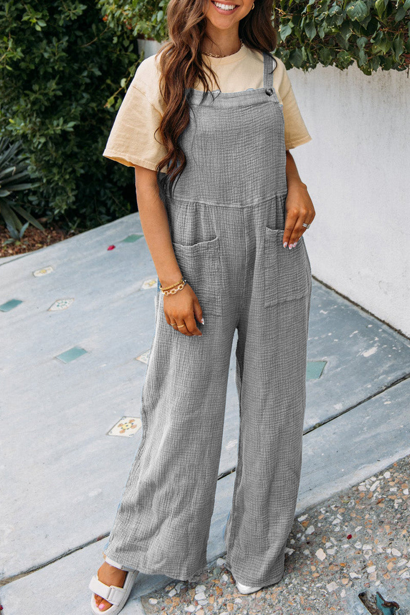Casual Daily Solid Pocket Fold Square Collar Loose Jumpsuits