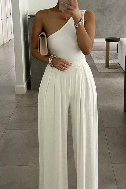 Casual Simplicity Solid Asymmetrical Solid Color One Shoulder Loose Jumpsuits