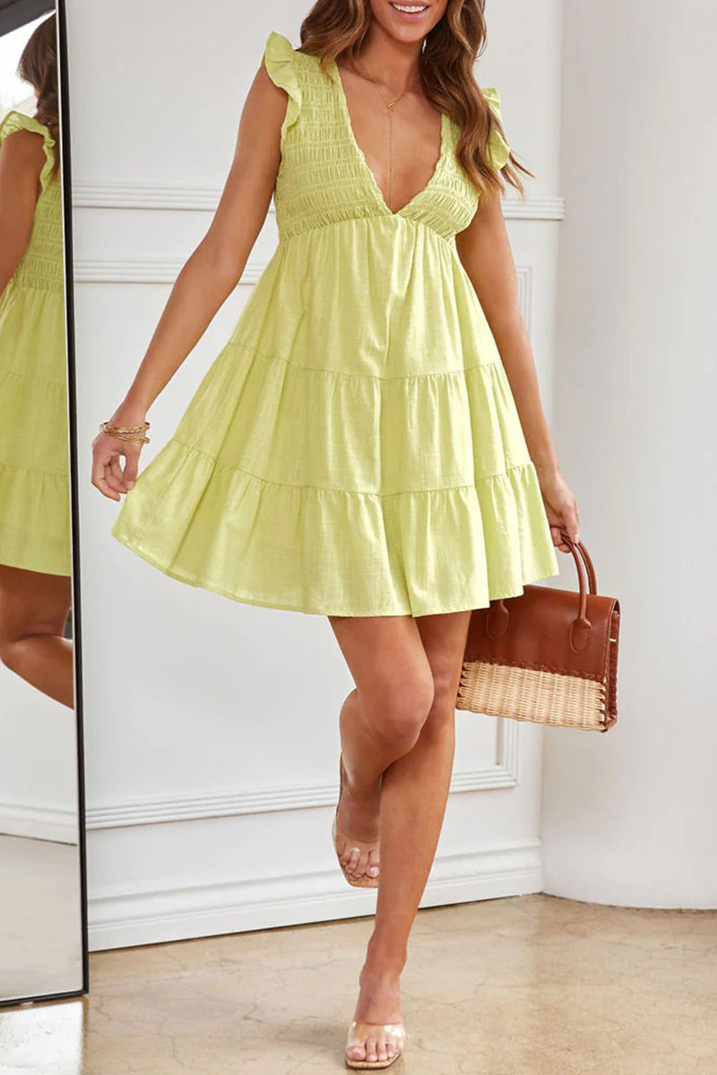 Sexy Simplicity Solid Flounce V Neck A Line Dresses