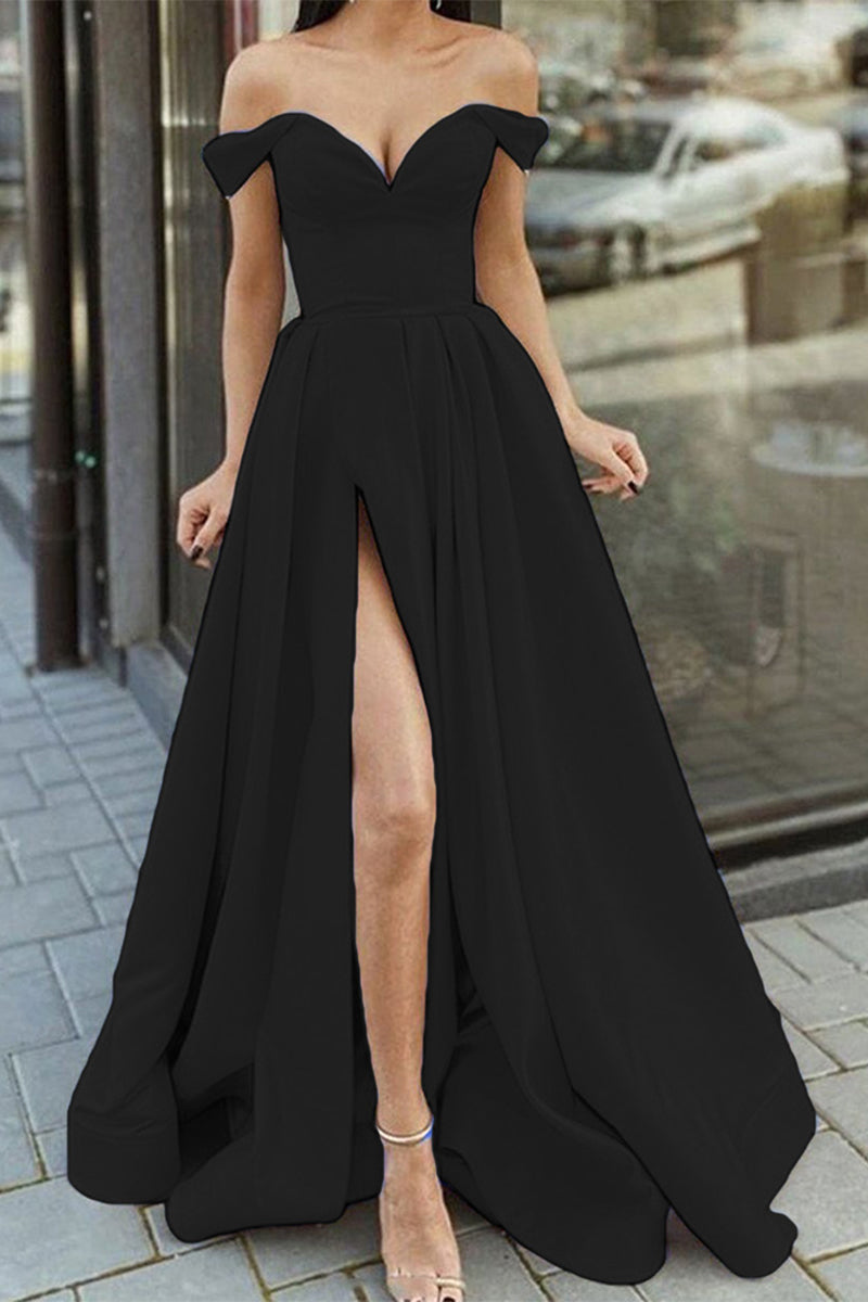 Elegant Formal Solid Slit V Neck Evening Dress Dresses