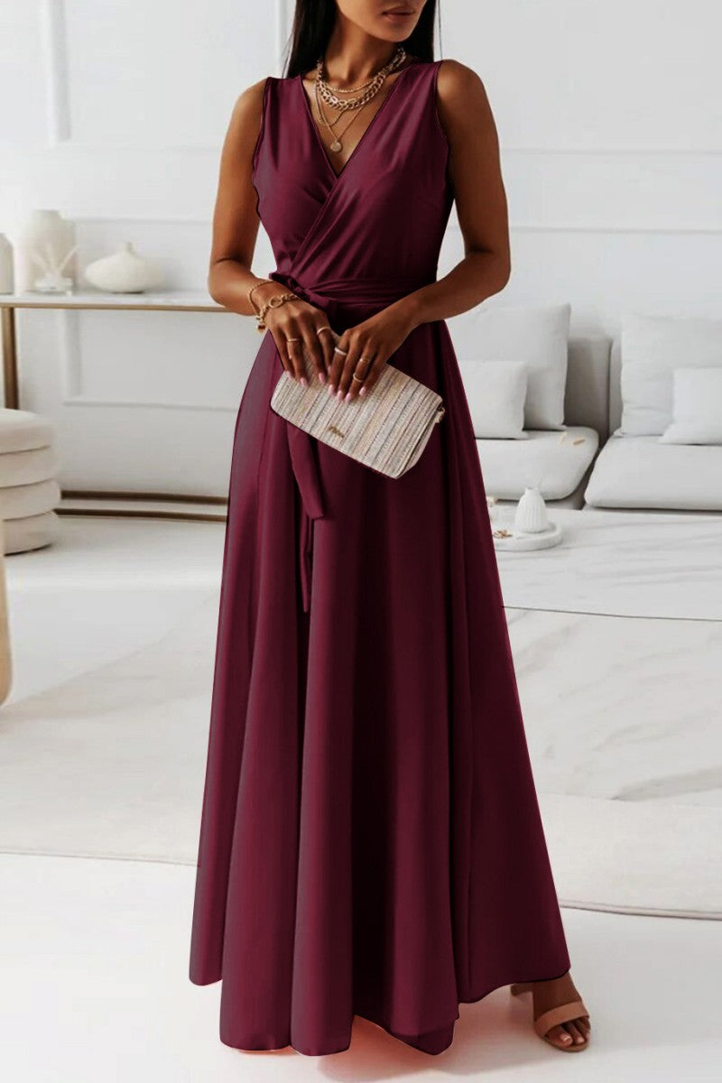 Casual Solid Frenulum V Neck Long Dress Dresses – Sunnylula