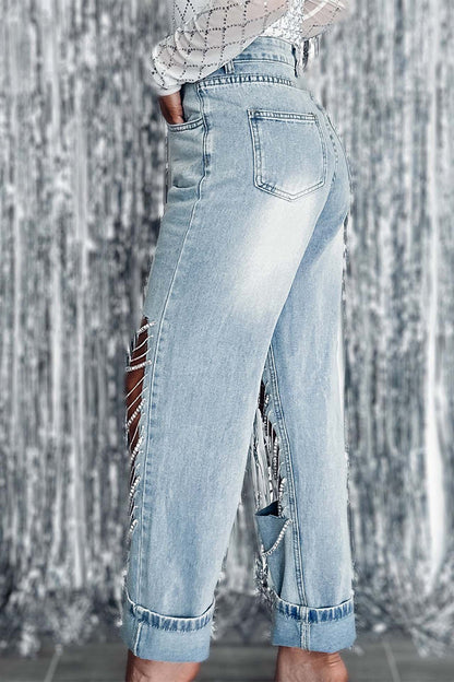 Street Solid Ripped Chains Loose Denim Jeans