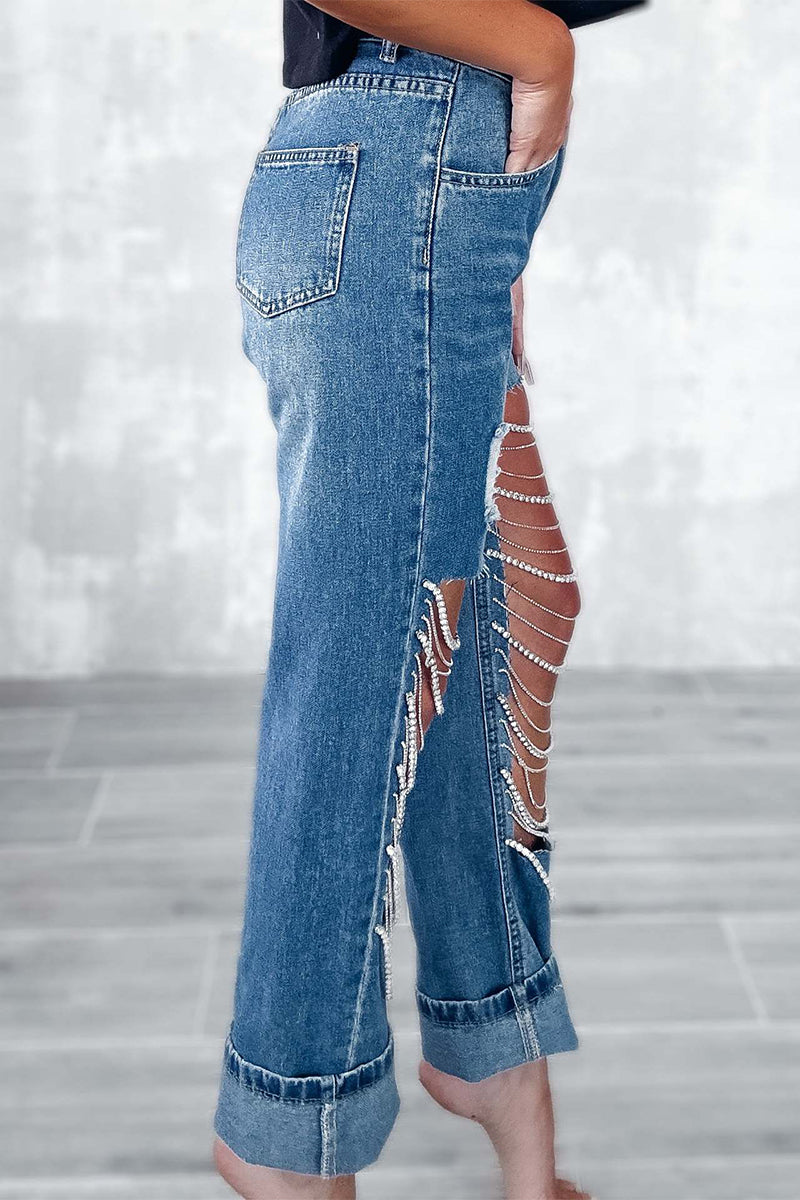 Street Solid Ripped Chains Loose Denim Jeans