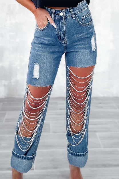 Street Solid Ripped Chains Loose Denim Jeans – Sunnylula