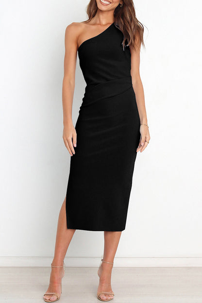 Sexy Simplicity Solid Fold Oblique Collar A Line Dresses