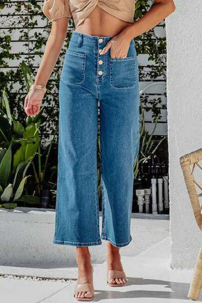 Casual Street Solid Pocket Buckle Loose Denim Jeans