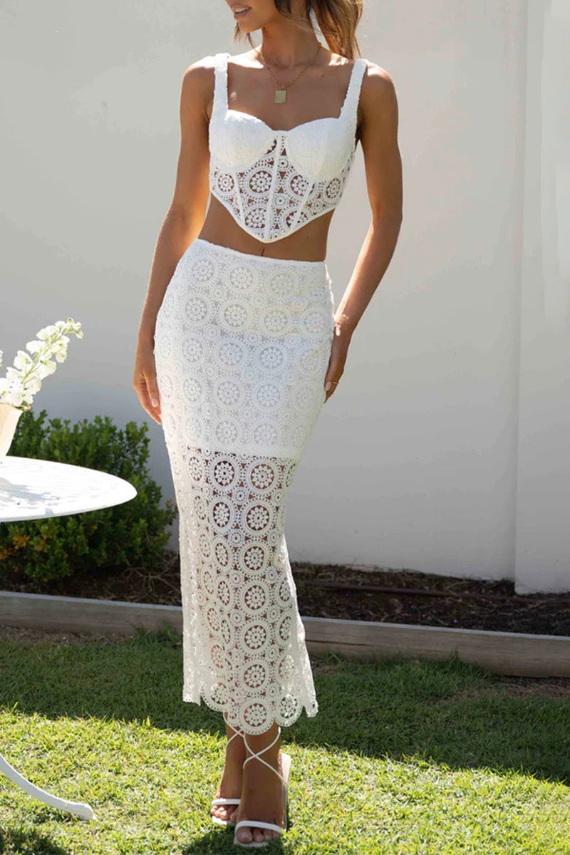 Sexy Vacation Solid Lace Hollowed Out Square Collar Sleeveless Two Pieces