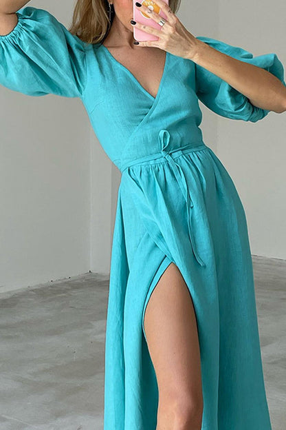 Sexy Simplicity Solid Frenulum V Neck Waist Skirt Dresses