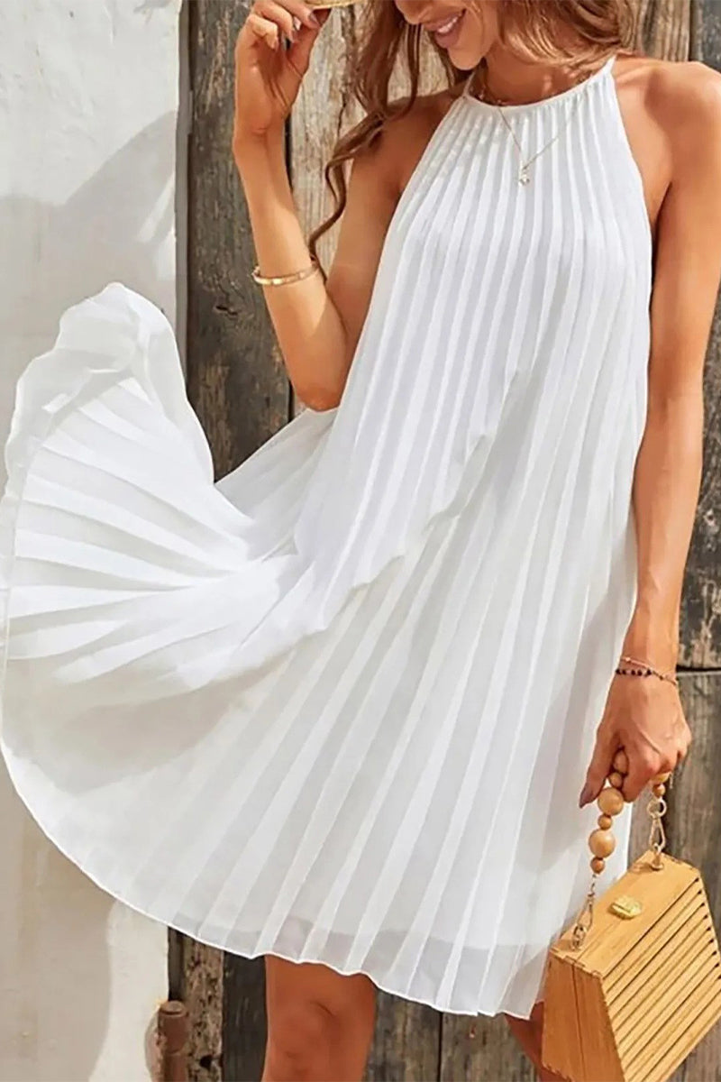 Casual Solid Fold Halter Pleated Dresses