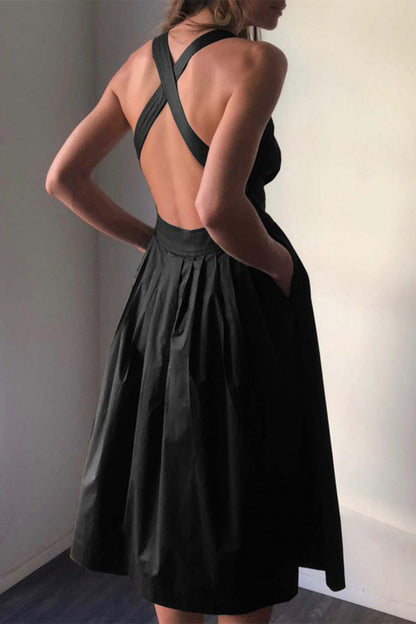 Casual Solid Pocket Backless Square Collar A Line Dresses