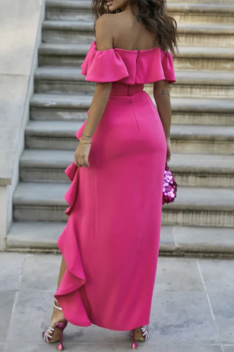 Elegant Solid Flounce Off the Shoulder Irregular Dress Dresses