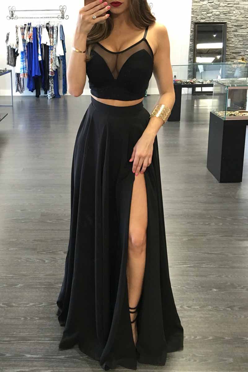 Sexy Solid See-through Slit Spaghetti Strap Sleeveless Two Pieces