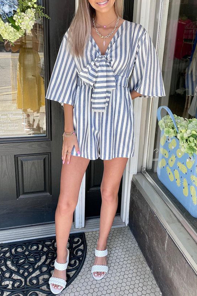 Casual Striped Frenulum V Neck Loose Rompers