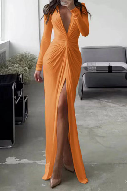 Elegant Solid Fold V Neck Pleated Dresses(7 Colors)