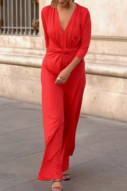 Casual Solid Fold V Neck Jumpsuits