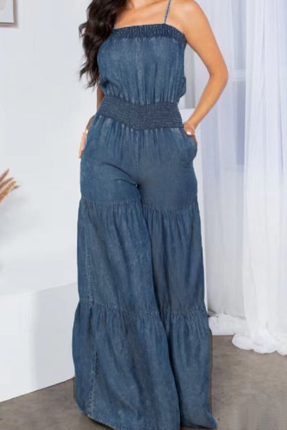 Sexy Casual Solid Backless Spaghetti Strap Sleeveless Regular Denim Jumpsuits