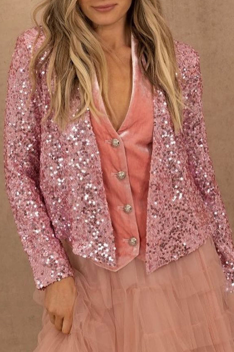 Elegant Solid Sequins V Neck Outerwear