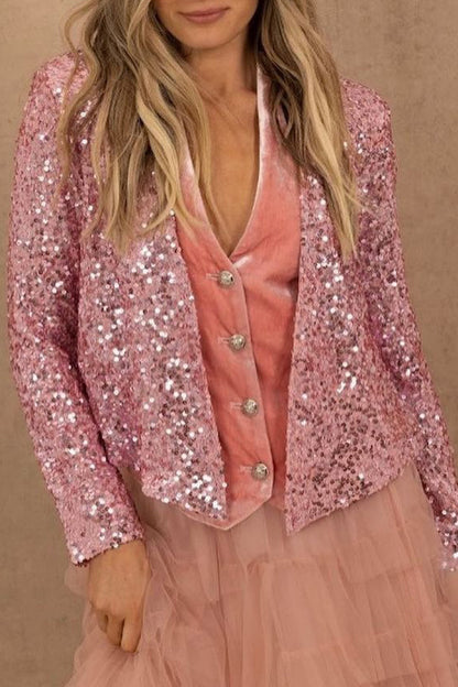 Elegant Solid Sequins V Neck Outerwear